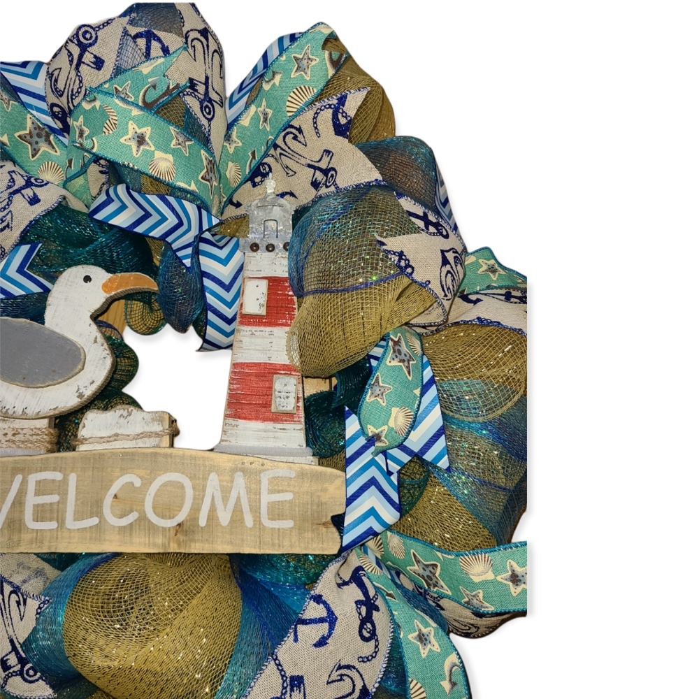 NAUTICAL BEACH DECO MESH WREATH HANDMADE SEAGULL LIGHTHOUSE - Picture 2 of 3